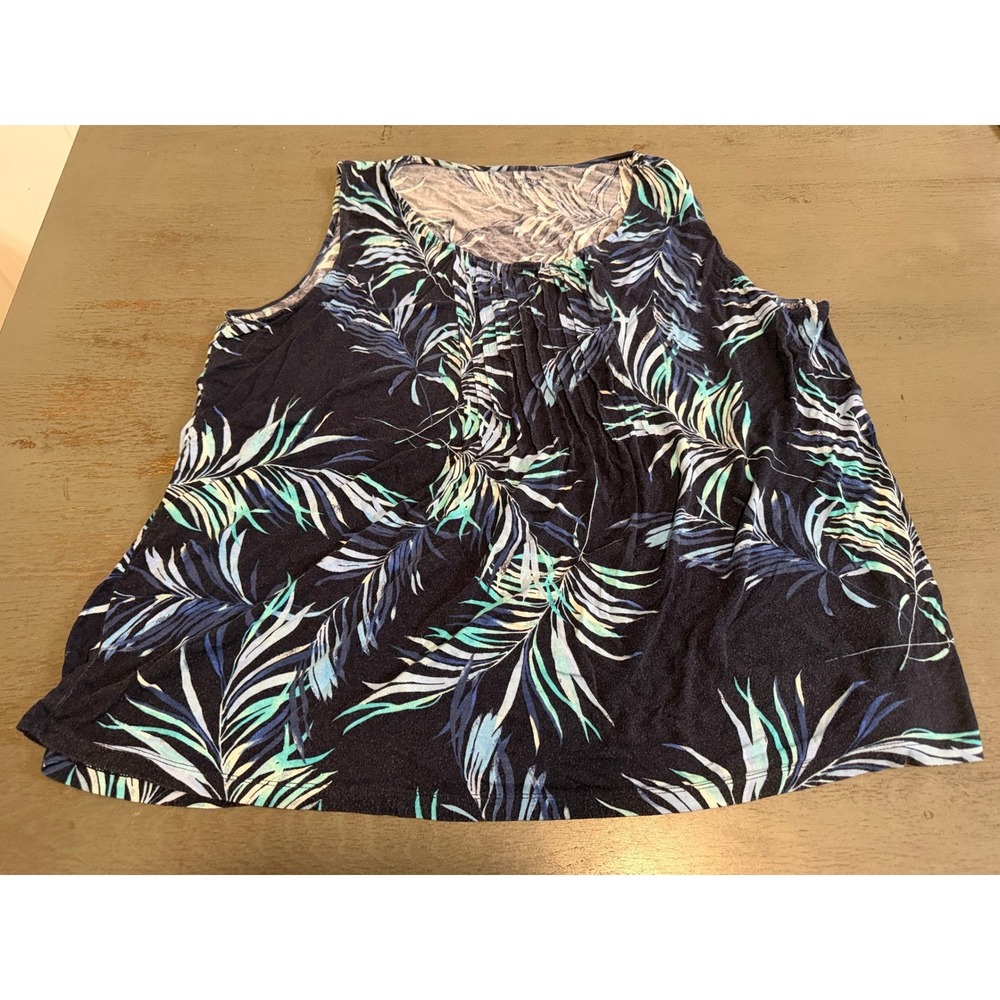 Croft & Barrow Womens L Tank Top Navy Blue Tropical Palm Leaf Pleated Sleeveless